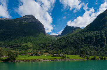 Naklejka na ściany i meble Beautiful lake Oldevatnent in Stryn, Norway. July 2019