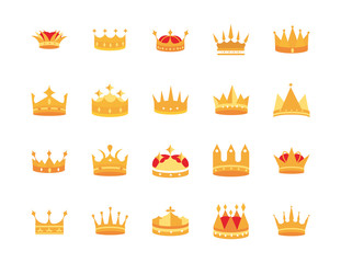gold crowns jewel authority coronation monarchy luxury icons set