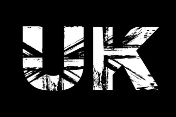 United Kingdom flag in letters, vintage British Union Jack, Great Britain grunge flag, UK text, white isolated on black background, vector illustration.