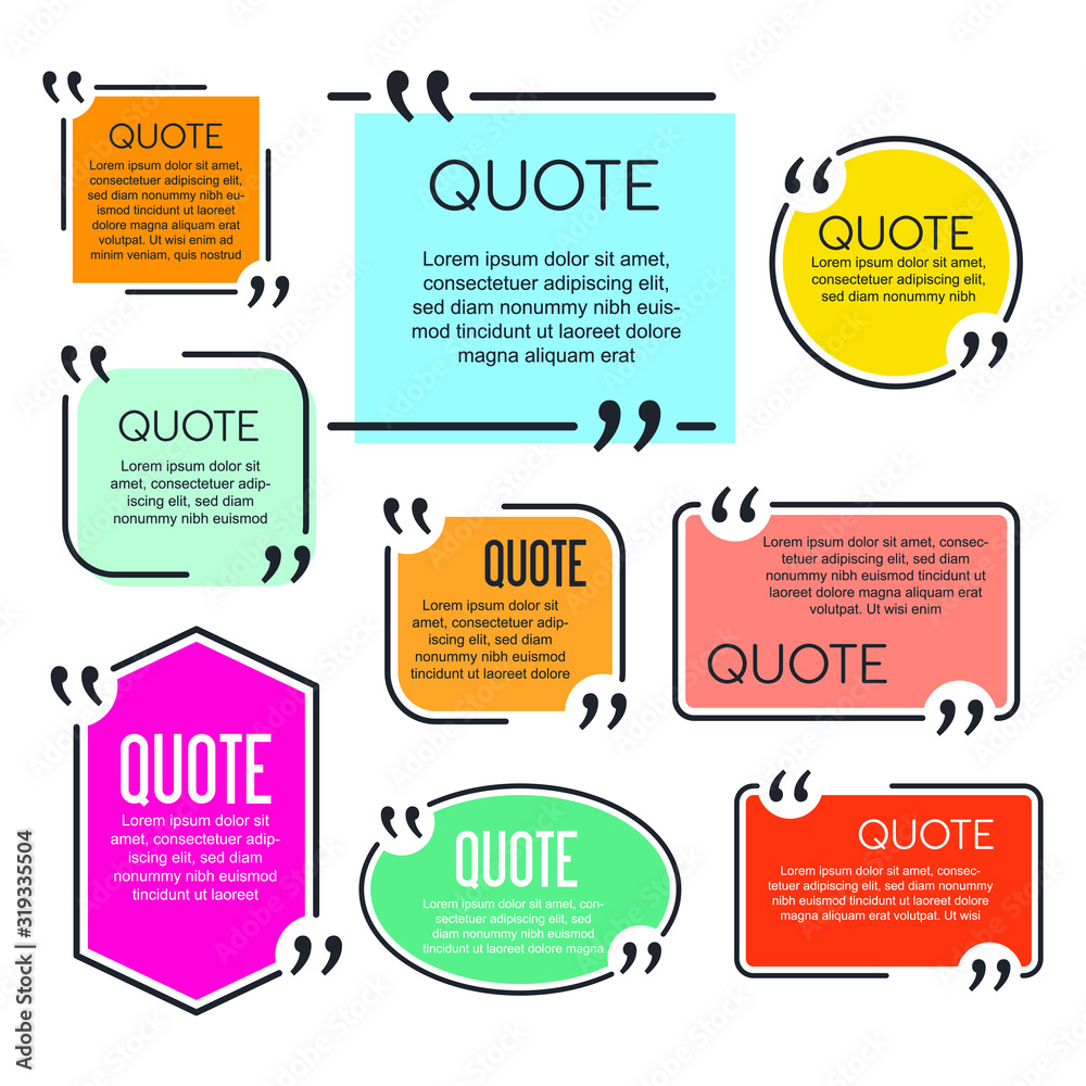 Aufkleber Colored quote speech bubble template. set different shape geometric texting boxes. Quotes form and speech box isolated on white background. Vector illustration.