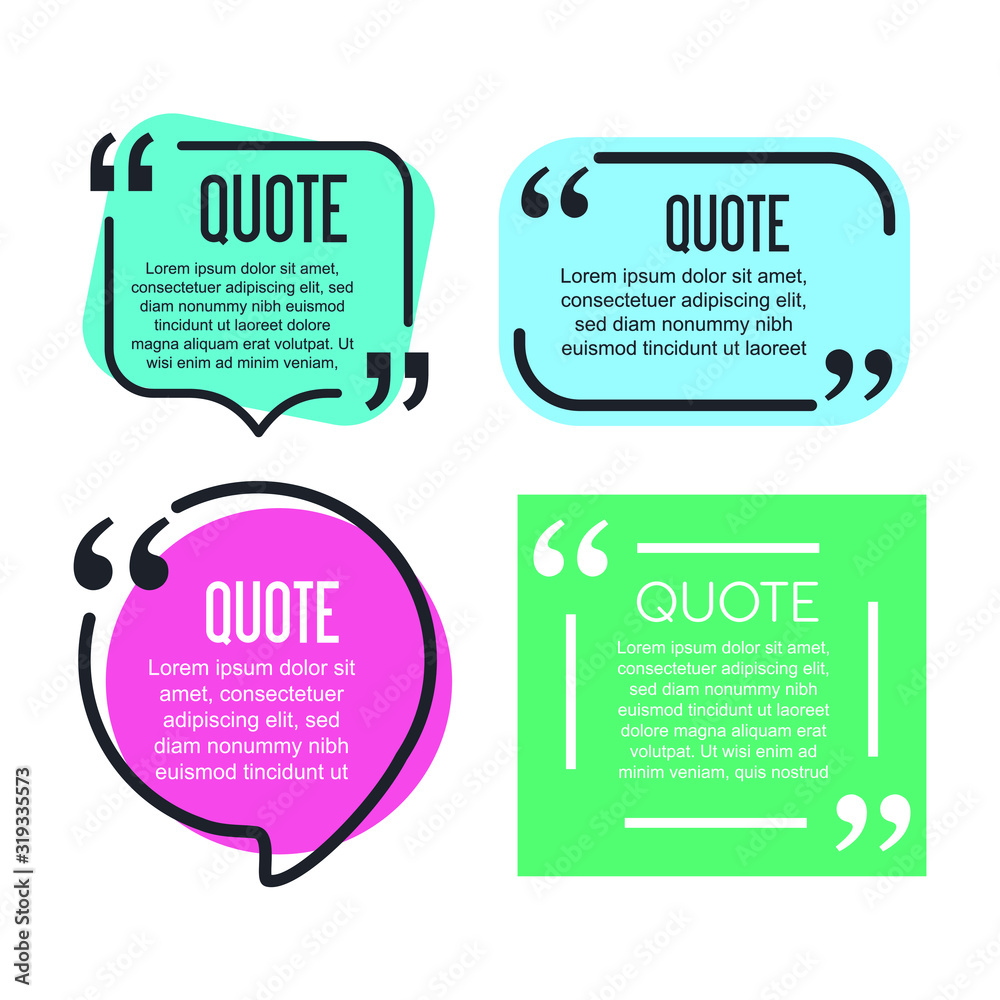 Poster Colored quote speech bubble template. set different shape geometric texting boxes. Quotes form and speech box isolated on white background. Vector illustration.