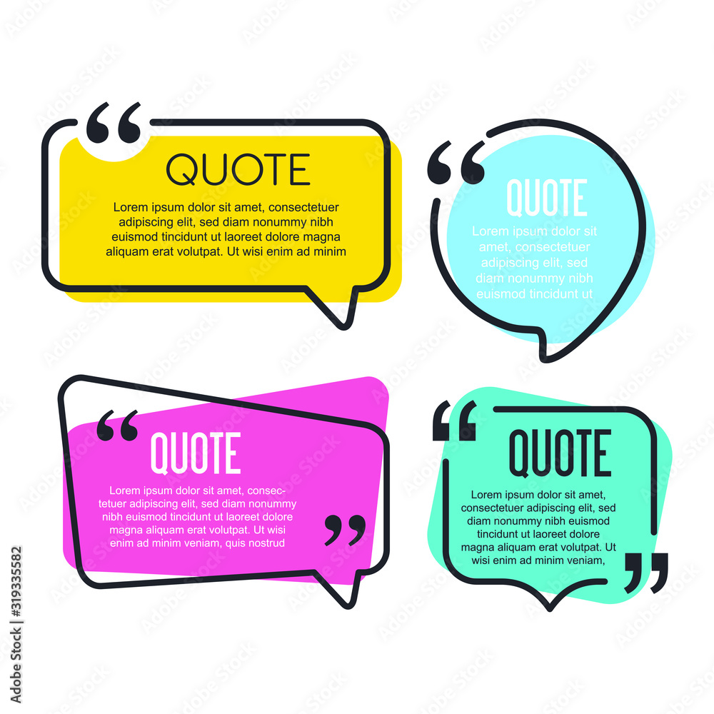 Poster Colored quote speech bubble template. set different shape geometric texting boxes. Quotes form and speech box isolated on white background. Vector illustration.