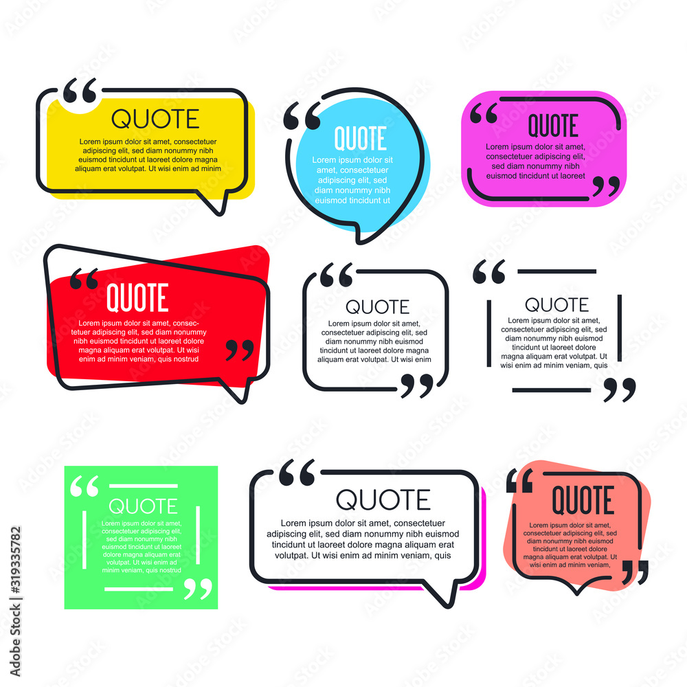 Poster Colored quote speech bubble template. set different shape geometric texting boxes. Quotes form and speech box isolated on white background. Vector illustration.
