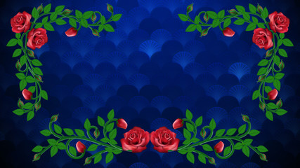 Sweet Color Rose Vines Flourishes Frame Ornament On Blue Unique Background Random Shines Flower Blooming Texture Lines Pattern