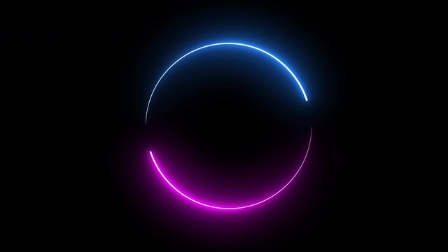 Round circle picture frame with two tone neon color shade motion graphic on isolated black background. Blue and pink light moving for overlay element. 4K footage video effect seamless loop