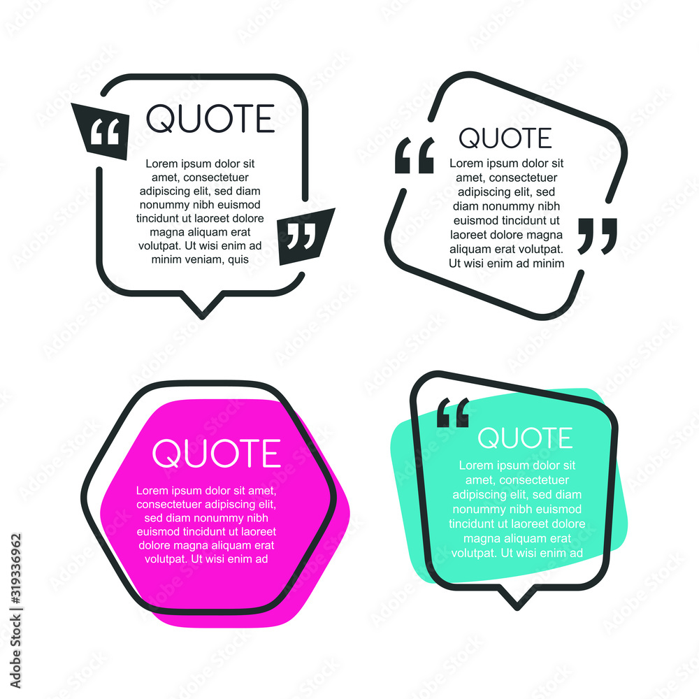 Poster Colored quote speech bubble template. set different shape geometric texting boxes. Quotes form and speech box isolated on white background. Vector illustration.