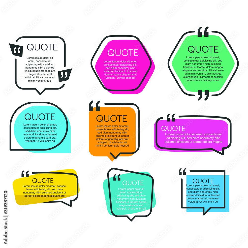 Poster Colored quote speech bubble template. set different shape geometric texting boxes. Quotes form and speech box isolated on white background. Vector illustration.