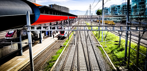 Exterior and railroad tracks  of Train Station Sècheron in Geneva