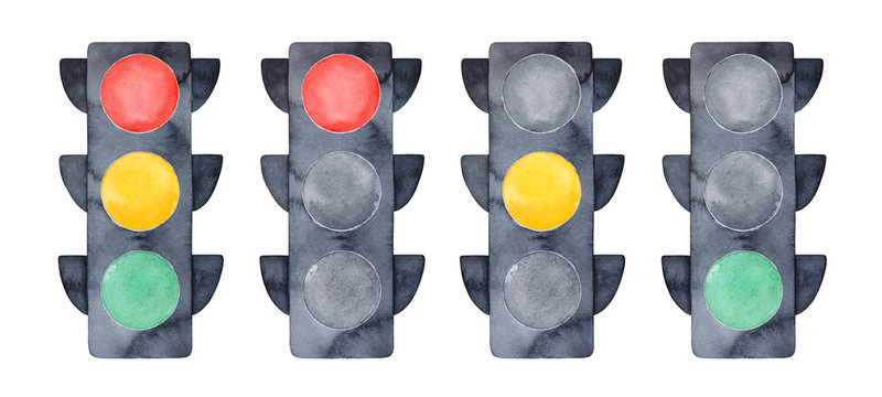 Illustration set of LED traffic lights with all three colors on and showing red, yellow and green lights. Handdrawn watercolour graphic drawing, cutout clipart elements for design, print, sticker.