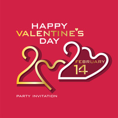 Happy Valentine's Day. 2020. Gold and white on purplish red. Stylish vector logo Valentines Day 2020 with a zeros in the shape of heart.