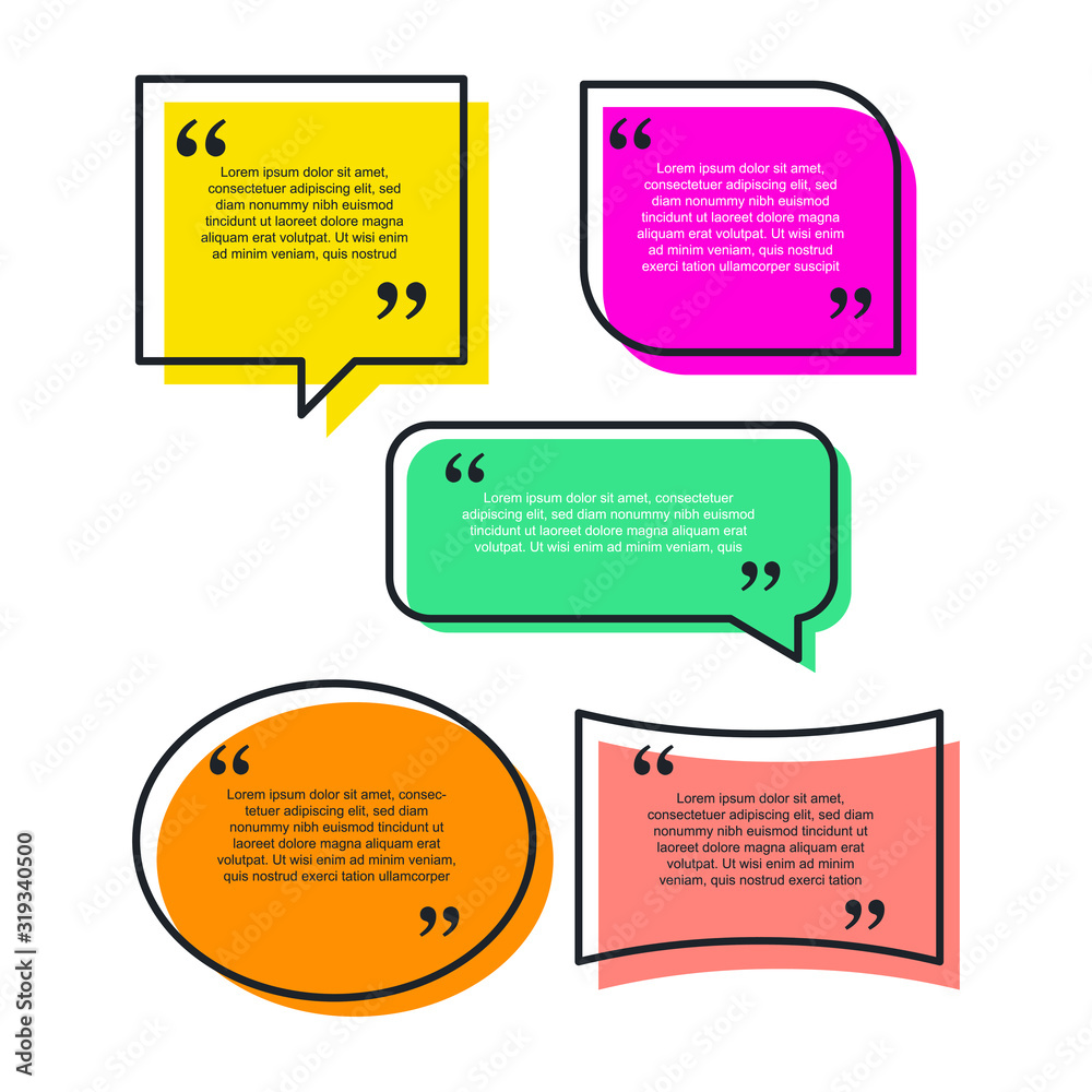 Poster Colored quote speech bubble template. set different shape geometric texting boxes. Quotes form and speech box isolated on white background. Vector illustration.