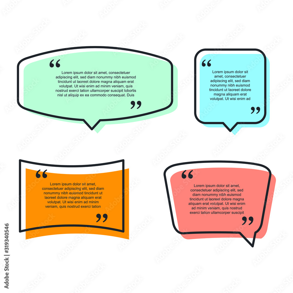 Aufkleber Colored quote speech bubble template. set different shape geometric texting boxes. Quotes form and speech box isolated on white background. Vector illustration.