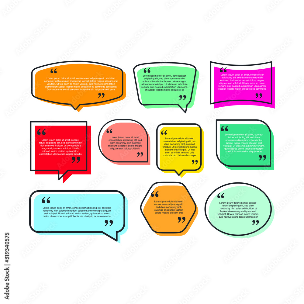 Aufkleber Colored quote speech bubble template. set different shape geometric texting boxes. Quotes form and speech box isolated on white background. Vector illustration.