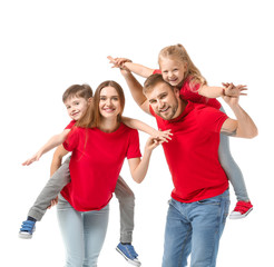 Portrait of happy family on white background