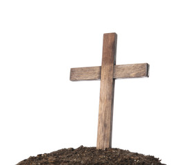 Wooden cemetery cross and soil on white background