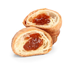 Tasty sweet croissant on white background