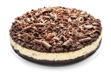 Tasty chocolate cheesecake on white background