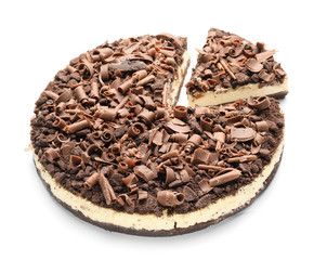 Tasty chocolate cheesecake on white background