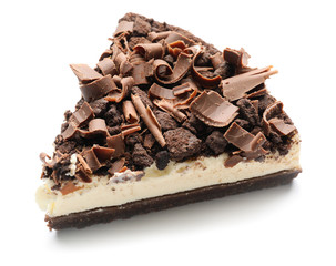 Piece of tasty chocolate cheesecake on white background