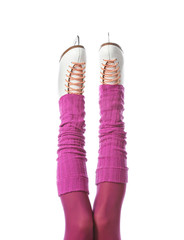 Young woman in ice skate shoes on white background