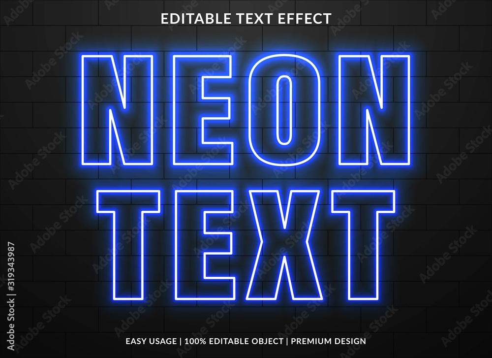 Poster neon text effect template with glowing type style and bright concept use for brand label and logotyp