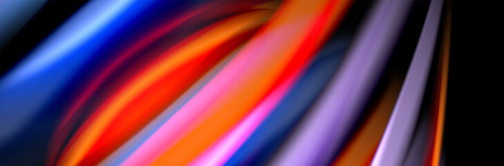 Silk and smooth flow wave poster design. Color waves, liquid style lines and shapes in black color background