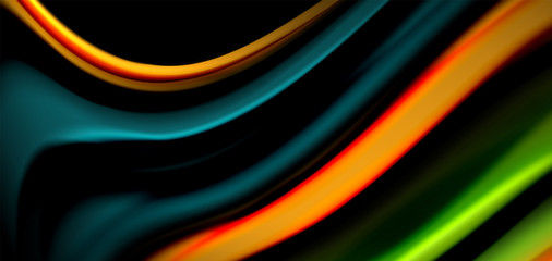 Abstract silk smooth lines on black, multicolored liquid fluid rainbow style waves on black