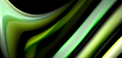 Abstract silk smooth lines on black, multicolored liquid fluid rainbow style waves on black