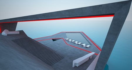 Abstract architectural concrete interior of a modern villa on the sea with colored neon lighting. 3D illustration and rendering.
