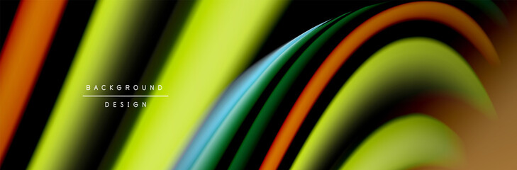 Сolorful flow poster. Wave liquid lines and shapes in black color background. Vector Illustration