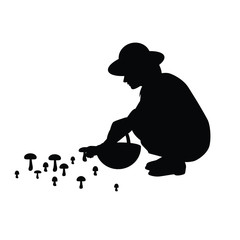 Girl is collecting mushroom silhouette vector