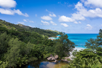 Anse Lazio Beach drone view in Praslin Island Seychelles 