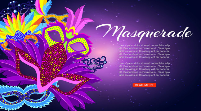 Masquerade, carnival or Mardi Gras banner with cartoon masks and feathers banner vector illustration. Venetian festival holiday masquerade colorful invitation.
