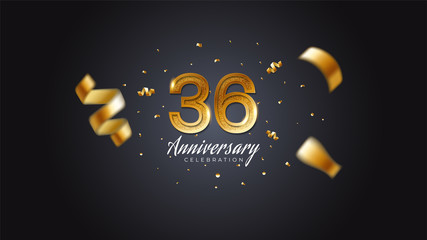 36th anniversary celebration Gold numbers with dotted halftone, shadow and sparkling confetti. modern elegant design with black background. for wedding party event decoration. Editable vector EPS 10