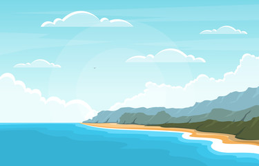 Beautiful Sea Panorama Beach Coast Bay Ocean Landscape Illustration - obrazy, fototapety, plakaty