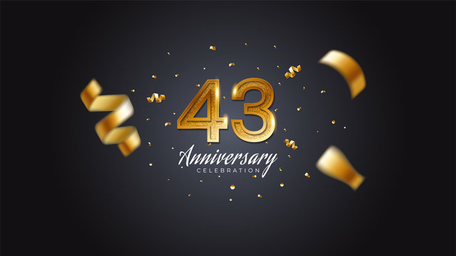 43rd anniversary celebration Gold numbers with dotted halftone, shadow and sparkling confetti. modern elegant design with black background. for wedding party event decoration. Editable vector EPS 10