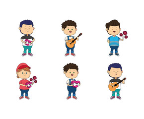 icon set of cartoon happy boys standing with love gifts