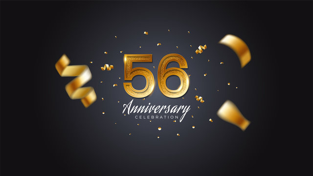 56th anniversary celebration Gold numbers with dotted halftone, shadow and sparkling confetti. modern elegant design with black background. for wedding party event decoration. Editable vector EPS 10