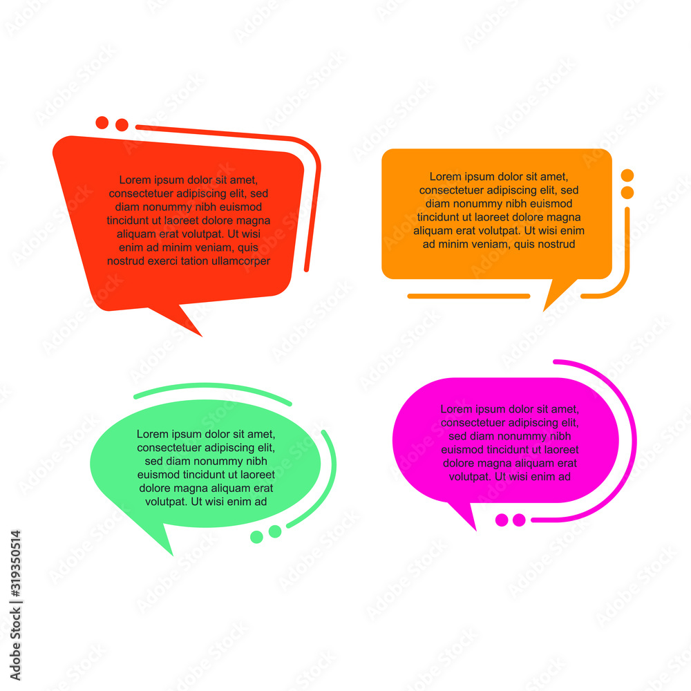 Poster Colored quote speech bubble template. set different shape geometric texting boxes. Quotes form and speech box isolated on white background. Vector illustration.