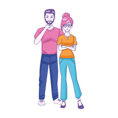 Young couple standing and wearing casual clothes, colorful design