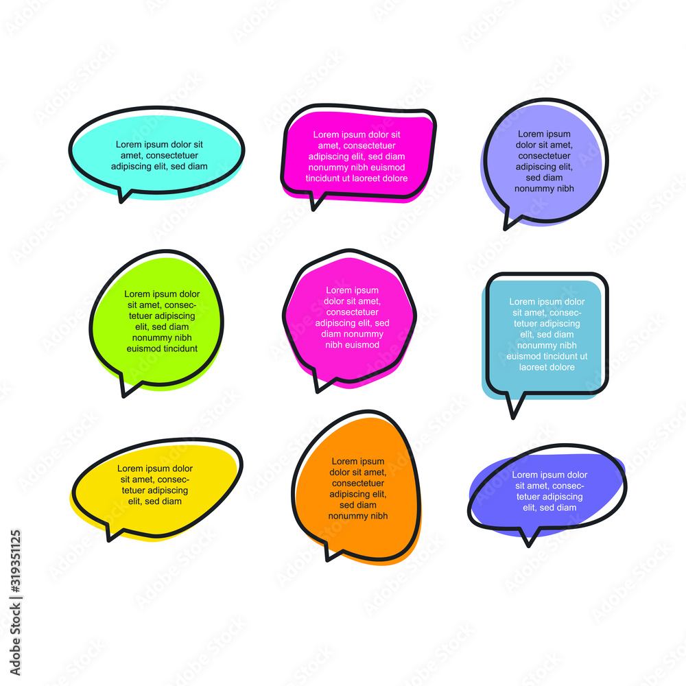 Poster Colored quote speech bubble template. set different shape geometric texting boxes. Quotes form and speech box isolated on white background. Vector illustration.