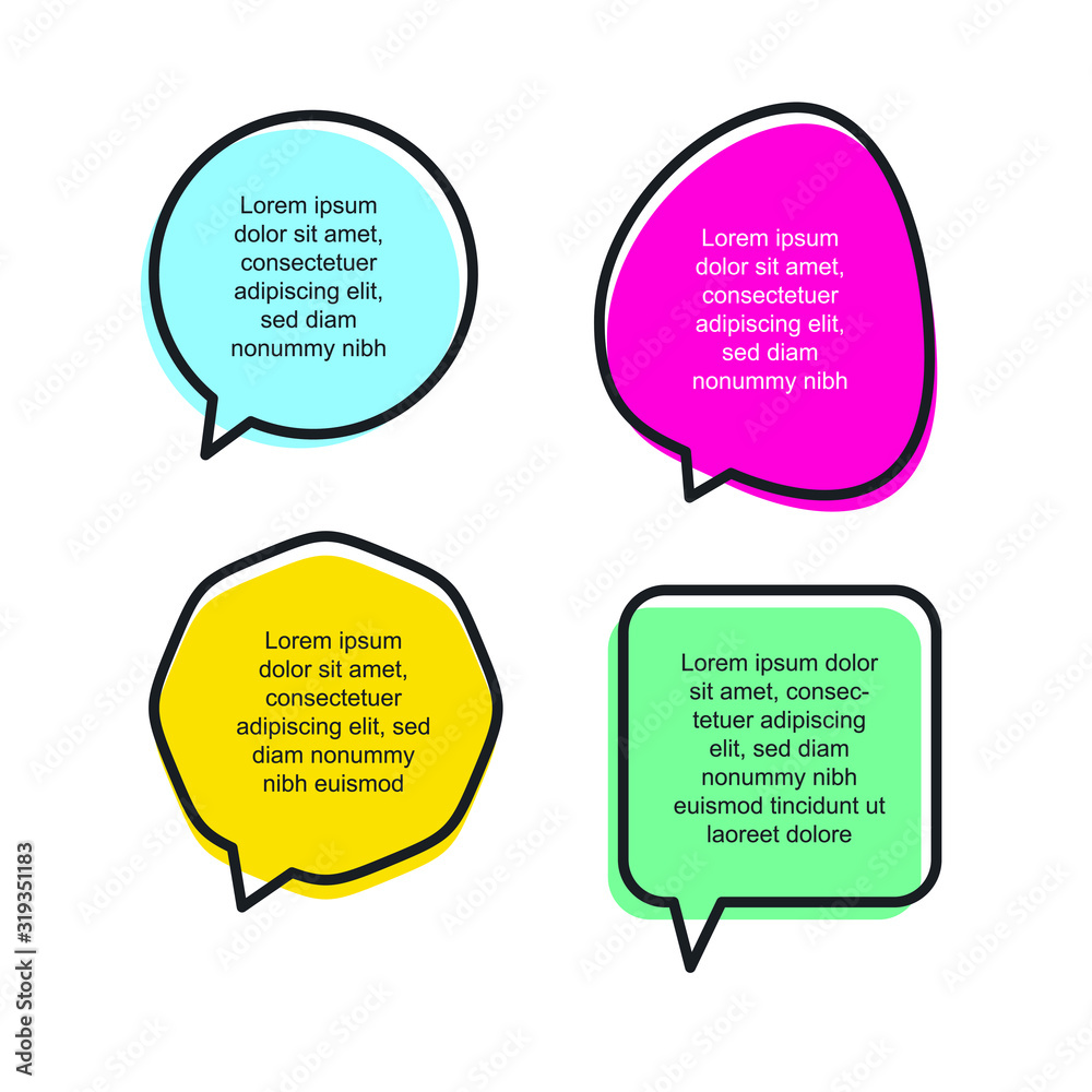 Poster Colored quote speech bubble template. set different shape geometric texting boxes. Quotes form and speech box isolated on white background. Vector illustration.