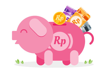 Saving Indonesian Rupiah coin and money to piggy bank vector illustration flat design. Economy and financial concept element.  Can be used for web and mobile, infographic and print.