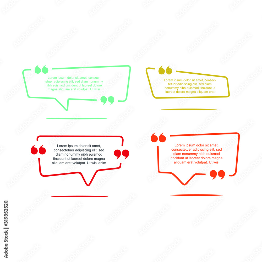 Poster Colored quote speech bubble template. set different shape geometric texting boxes. Quotes form and speech box isolated on white background. Vector illustration.