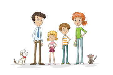 Funny cartoon family with pets. Hand drawn vector illustration with separate layers.