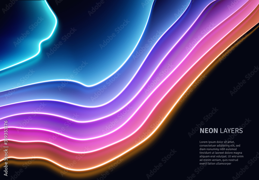 Aufkleber Neon glass layers stacked with reflections for 80s or 90s styled abstract background in synthwave, retrowave or cyberpunk shiny neon style