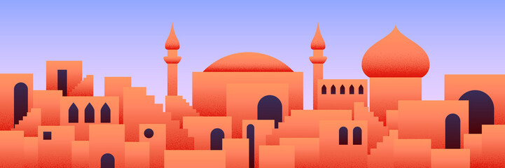 Arabic city panorama in orange desert color with mosque silhouettes