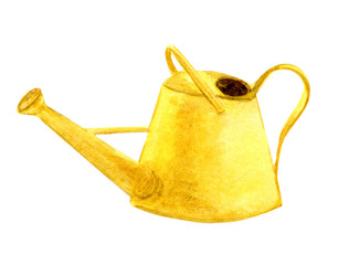  Yellow, garden watering can icon. Watercolor illustration of garden tools © alexlaz