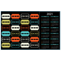 Calendar for 2021 with abstract texture multi-colored blades on a black background, vector illustration