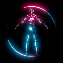 Fototapeta na wymiar Neon light Vitruvian Man in circle frame